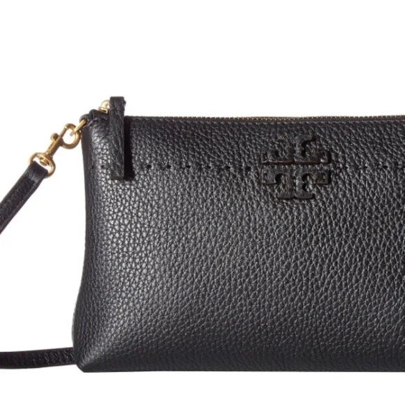 Tory Burch Womens Leather Logo Embellished Flat Small Crossbody Handbag Black - Picture 1 of 12